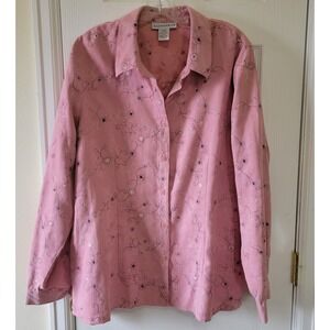 Sag Harbor Blouse Top Faux Suede Dusty Rose Floral Embroidered Longsleeve Button